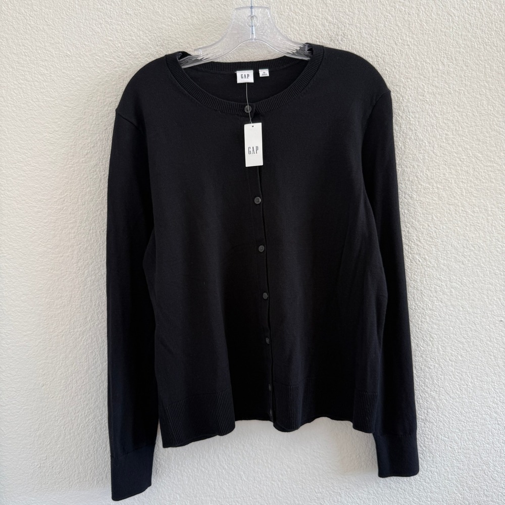 GAP 100% Cotton Black Crewneck Button Front Cardigan Sweater XL NWT